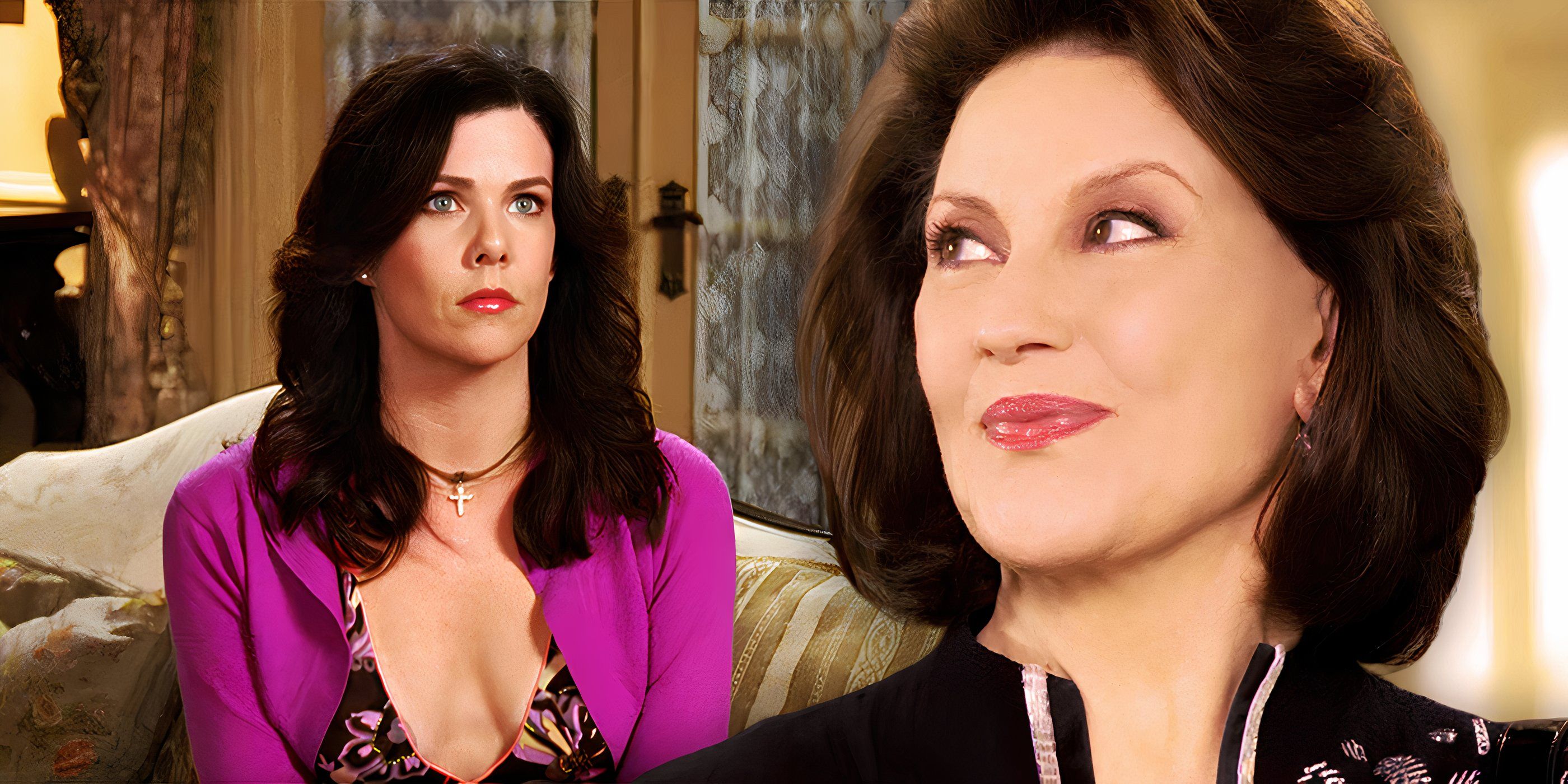 Emily Gilmore looks smug while Lorelai looks upset in Gilmore Girls.