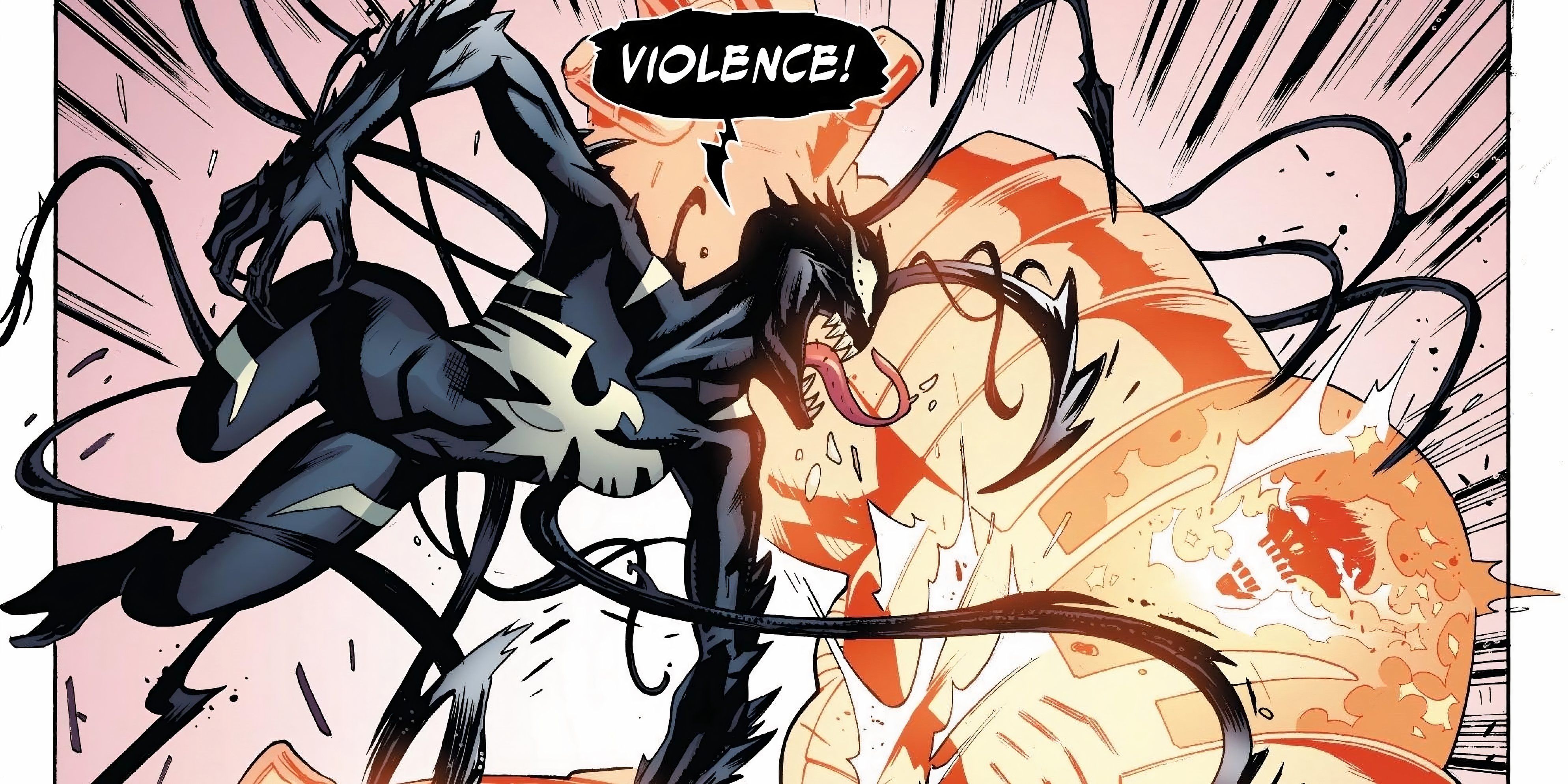 ZZZXX lashes her many tendrils at her enemy while screaming "Violence!"