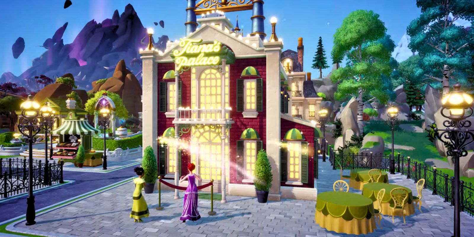 Princess Tiana and player in front of Tiana's Palace in Disney Dreamlight Valley