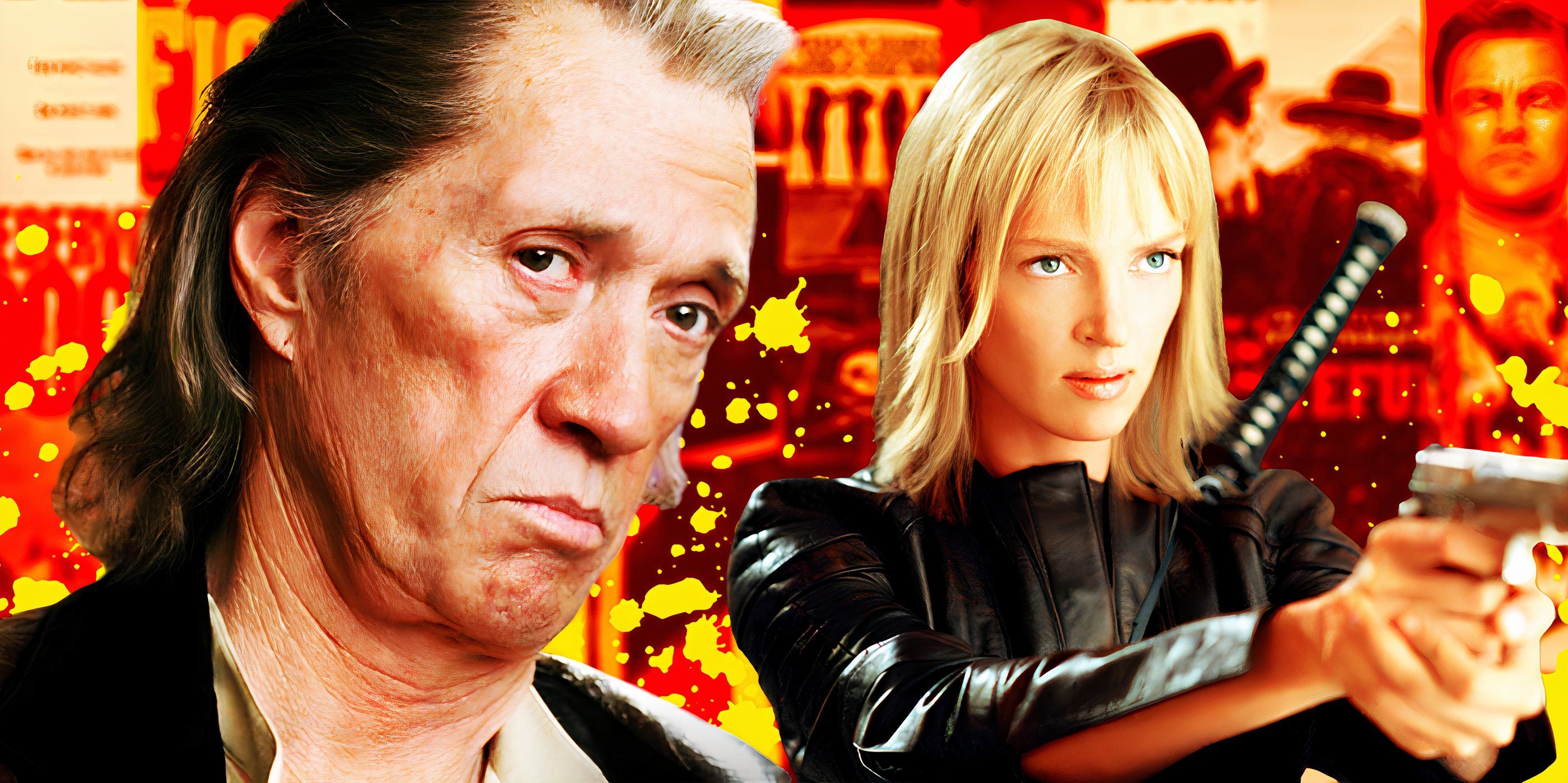 Bill (David Carradine) and the Bride (Uma Thurman) from Kill Bill in front of pictures of Quentin Tarantino movies