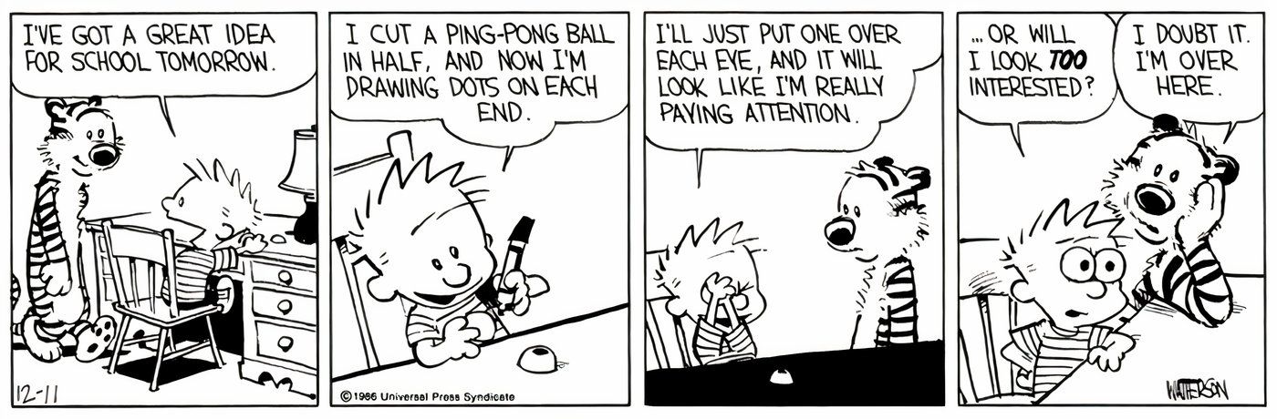 Calvin and Hobbes making fake eyeballs for Calvin to wear in class.