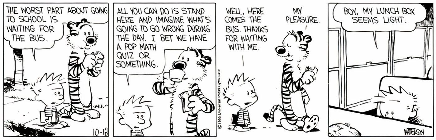 Hobbes eating Calvin's lunch while waiting at the bus stop with him.