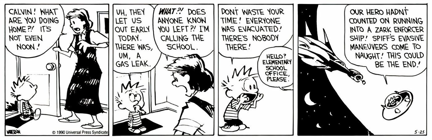 Calvin, de Calvin e Haroldo, fingindo ser o astronauta Spiff enquanto sua mãe o disciplina.