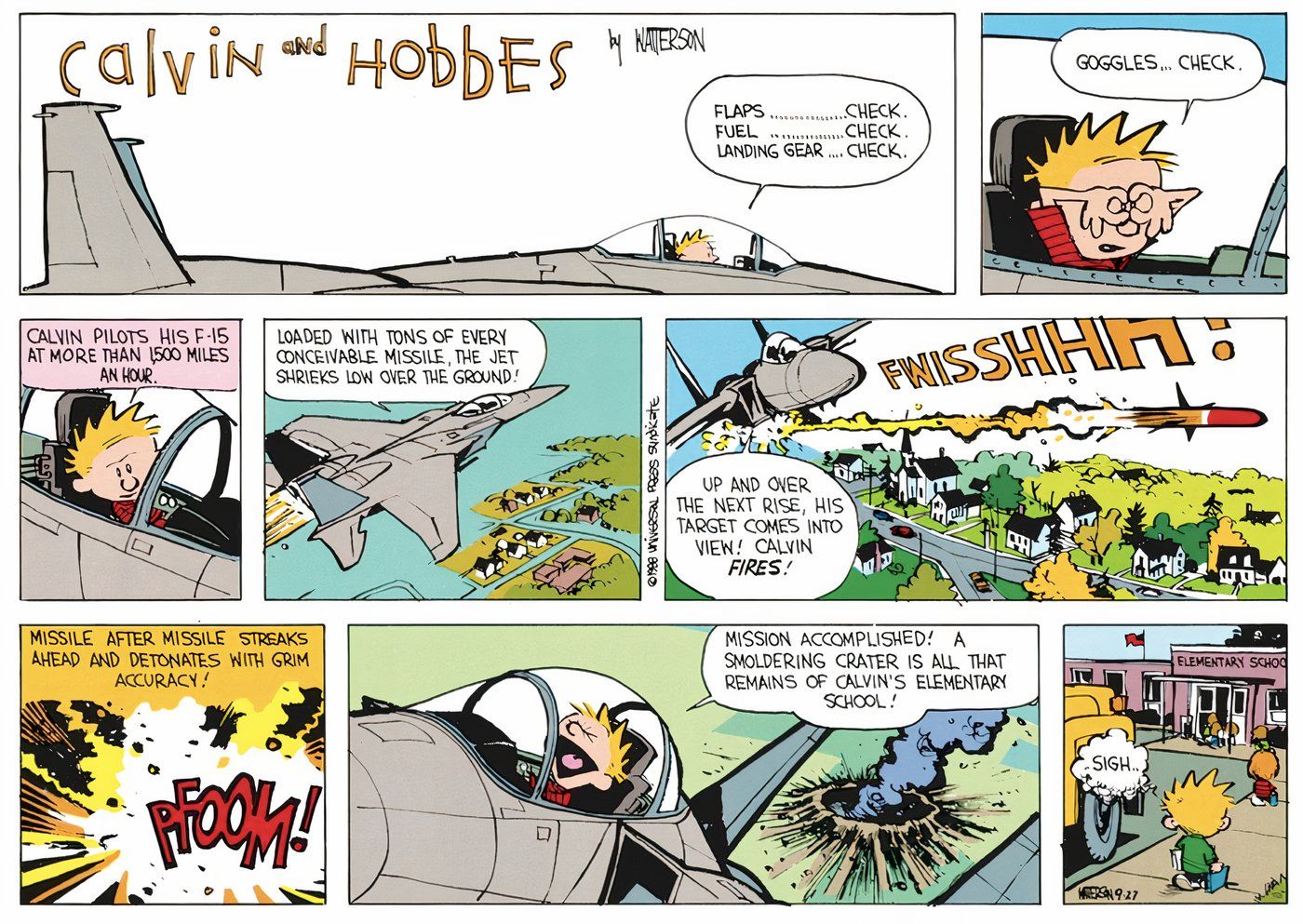 Calvin, de Calvin e Haroldo, imagina-se pilotando um caça e destruindo sua escola.