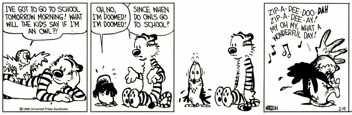 Calvin and Hobbes playing together after Calvin got turned into an owl.