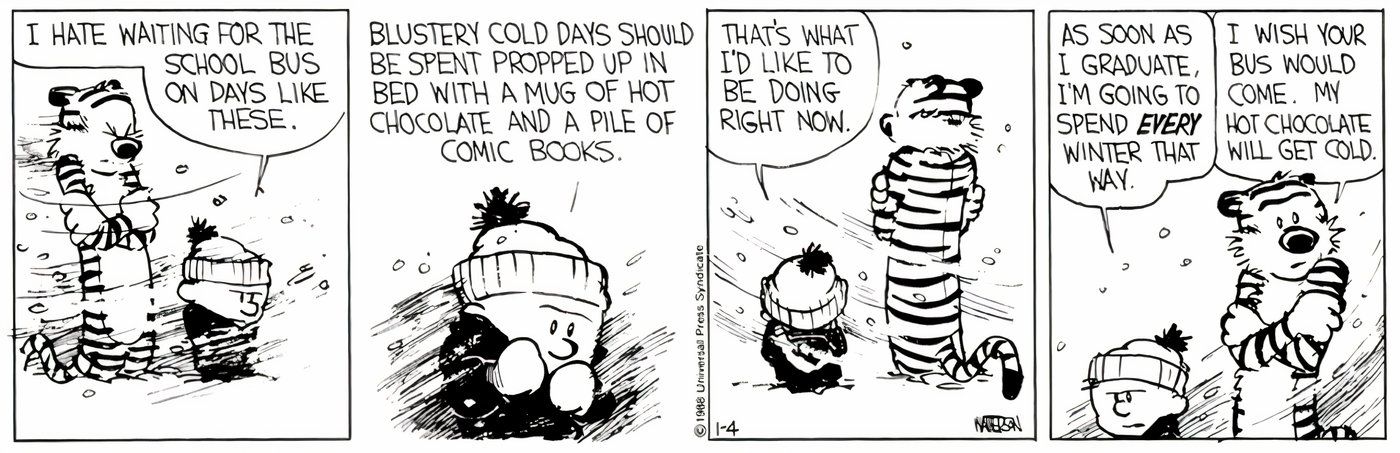 Calvin and Hobbes waiting for Calvin's school bus in the cold snow.