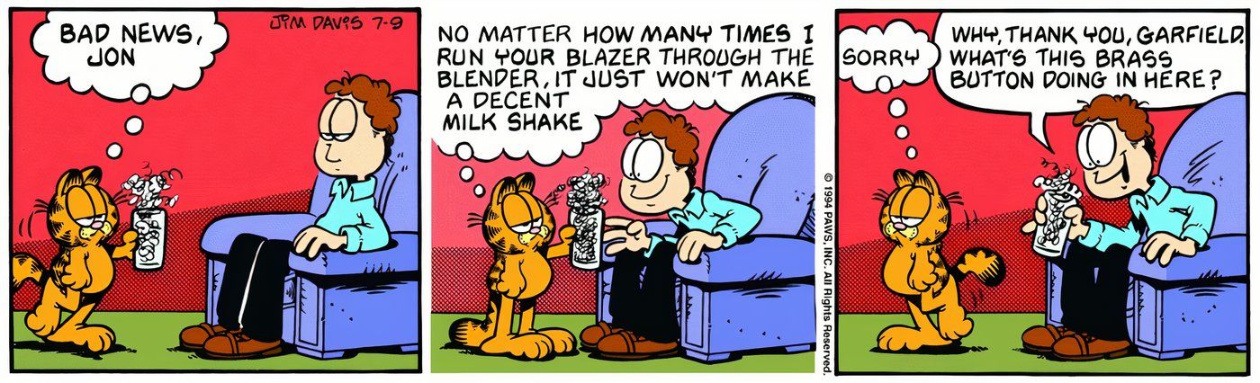 Garfield handing Jon a milkshake that's actually his blended-up jacket.