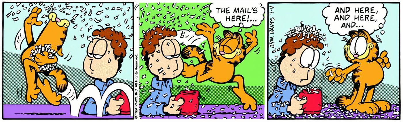 Garfield prancing around Jon, throwing little scraps of paper all over him.