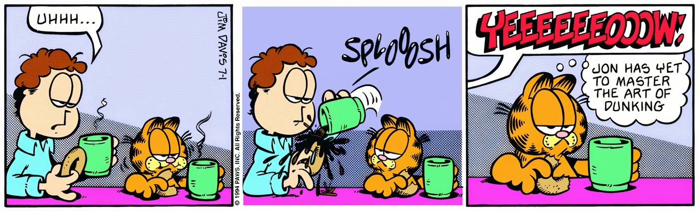 Jon pouring hot coffee on himself while Garfield watches.