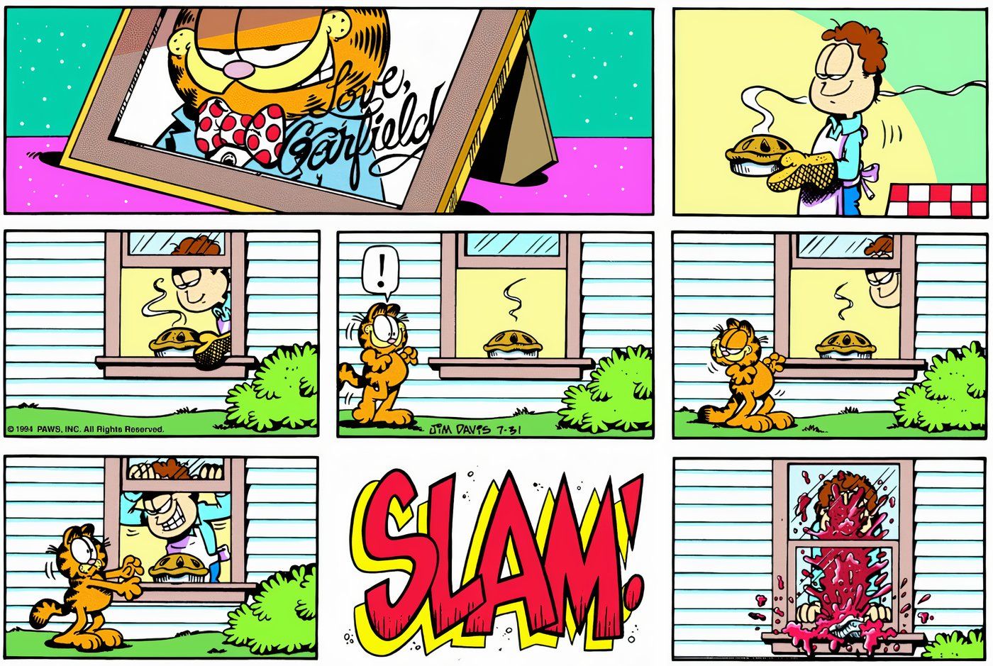 Jon splattering a pie all over himself while trying to prank Garfield.