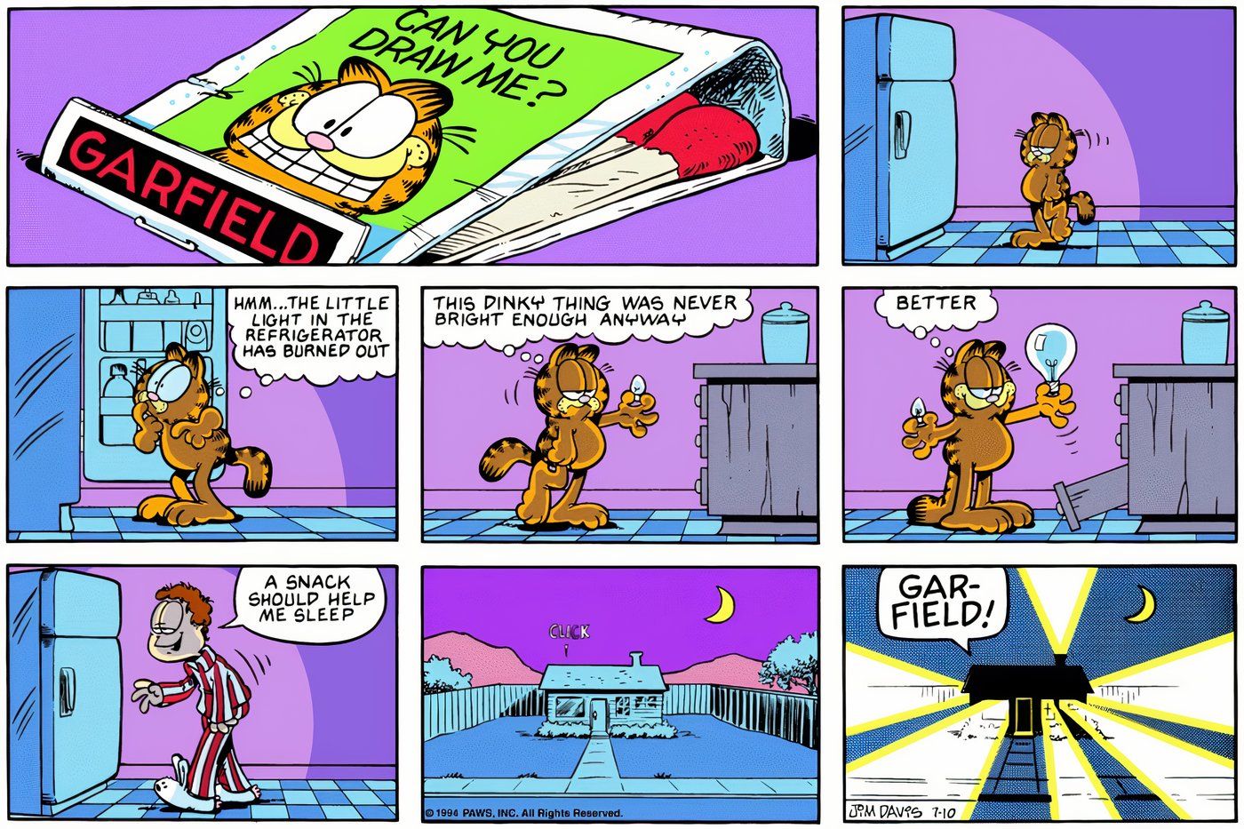 Garfield changing the light bulb in the fridge, making it way too bright for Jon.