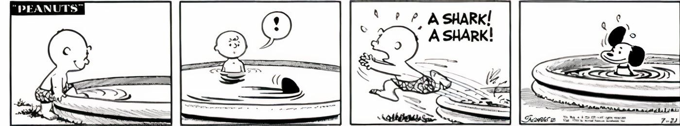 Snoopy pretending to be a shark in a pool to scare Charlie Brown.