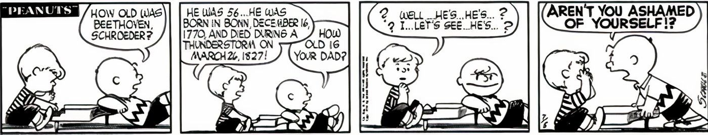 Charlie Brown gritando com Schroeder por saber o aniversário de Beethoven, mas não o de seu pai.