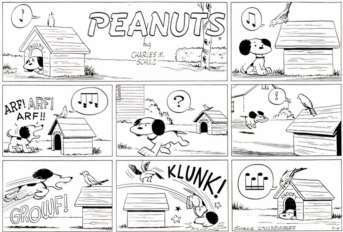 Snoopy tentando matar um pássaro canoro em Peanuts.