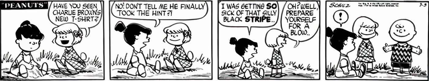 The Peanuts gang criticizing Charlie Brown's old shirt only to hate his new one more.