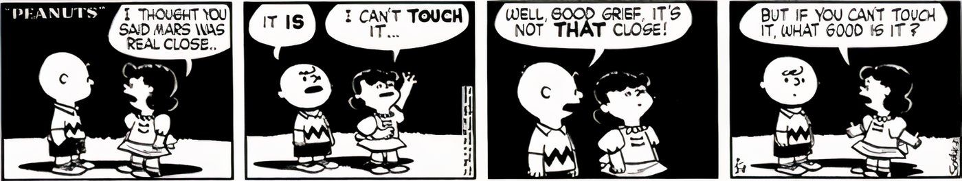 Charlie Brown trying to explain to Lucy distances between planets. 