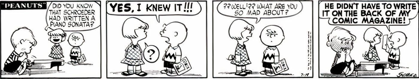 Charlie Brown upset with Schroeder after the piano prodigy used his comic book to write a song.