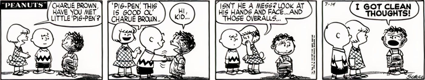 Pig-Pen explicando a Charlie Brown que, embora ele seja sujo, ele tem pensamentos limpos.