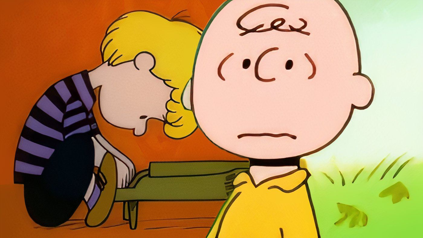 Charlie Brown with Schroeder playing the piano behind him.