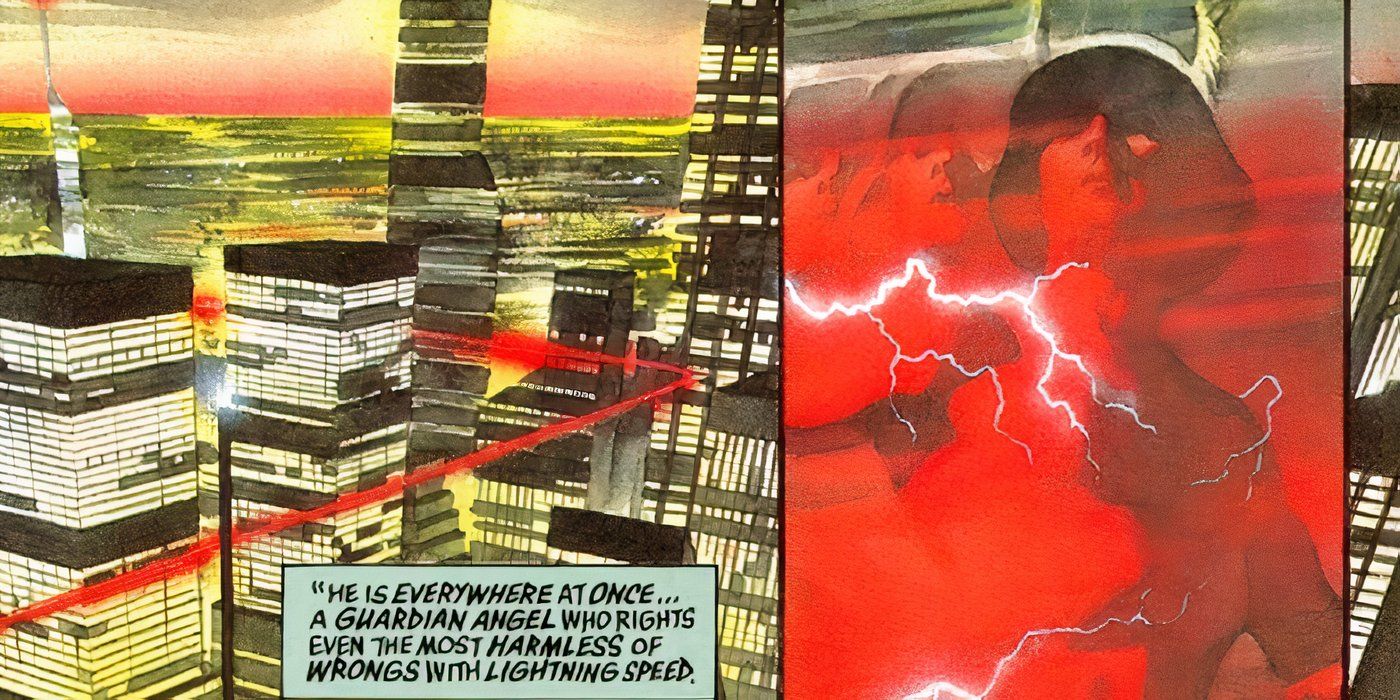 Um painel de Kingdom Come onde o Flash da Terra-22 percorre a cidade em uma velocidade impossível enquanto a narração diz que ele é rápido o suficiente para resolver todos os problemas da cidade de uma só vez, em um instante.