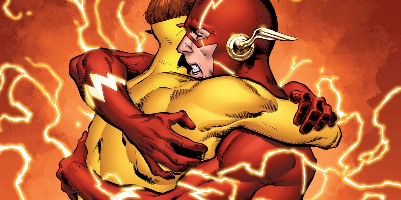 Um painel de DC Universe: Rebirth onde Barry Allen abraça Wally West.