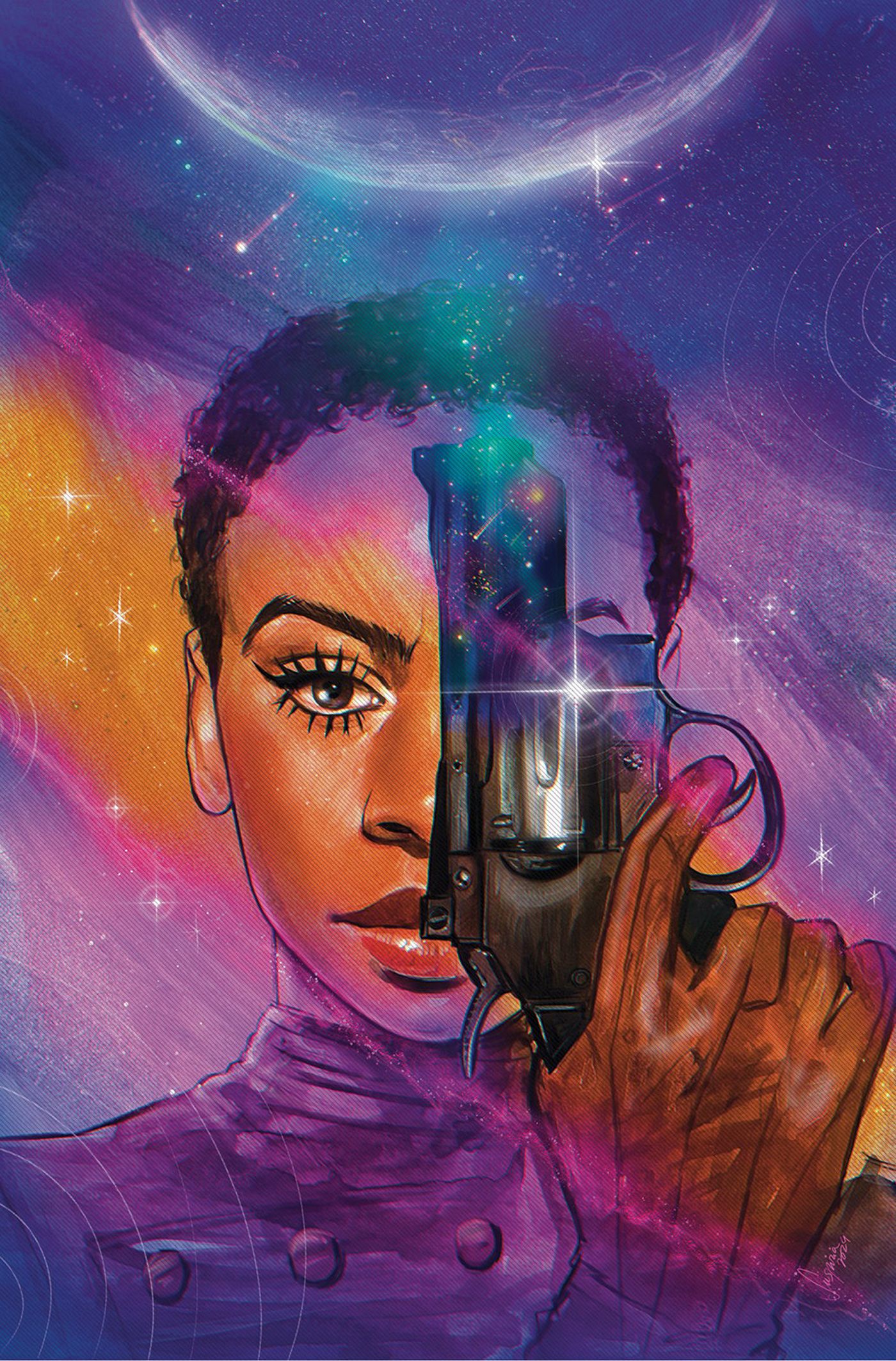 Uma jovem Zoe Alleyne segura sua arma na frente do rosto, estilo Trigun, na capa variante de Firefly: Zoe Alleyne Year One #1. As cores são um gradiente galáctico de roxos, rosas e laranjas.