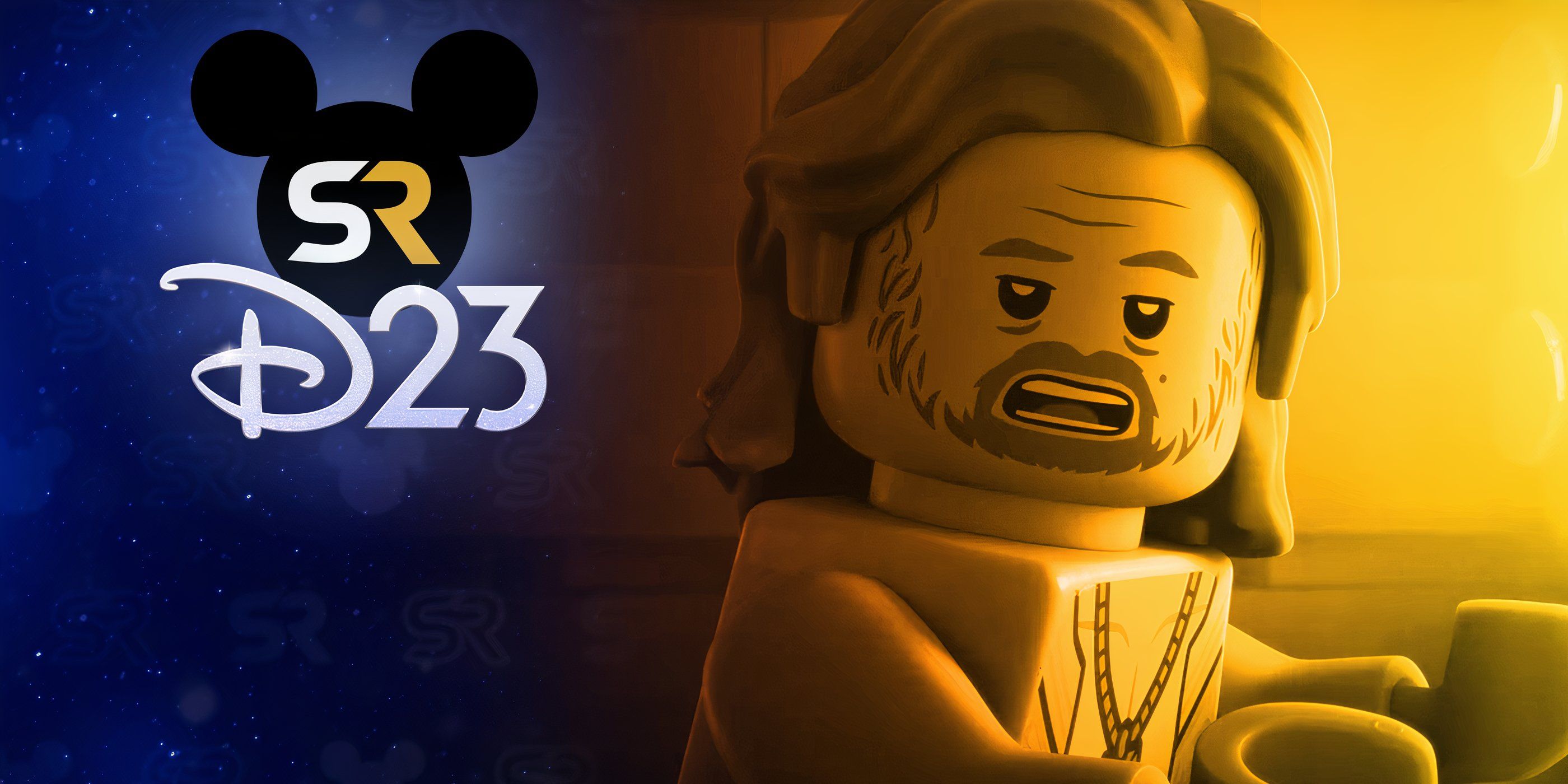 Mark Hamill's Luke Skywalker in LEGO Star Wars: Rebuild the Galaxy, edited with the SR D23 logo