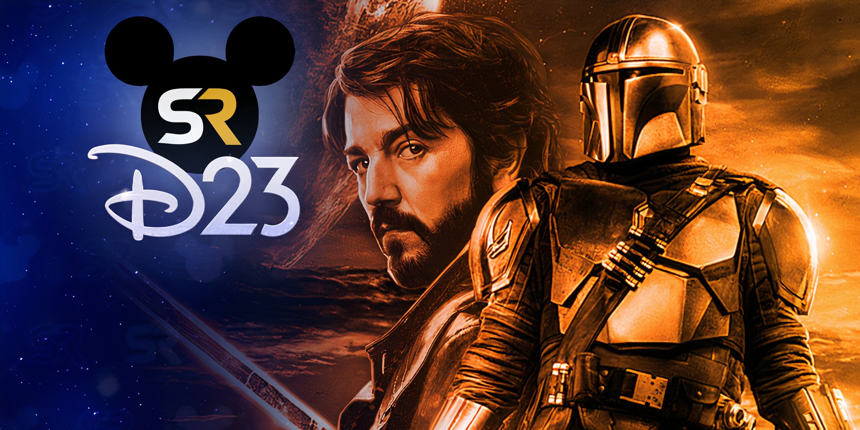 The Mandalorian season 3 poster and Cassian Andor's poster, edited with the SR D23 overlay