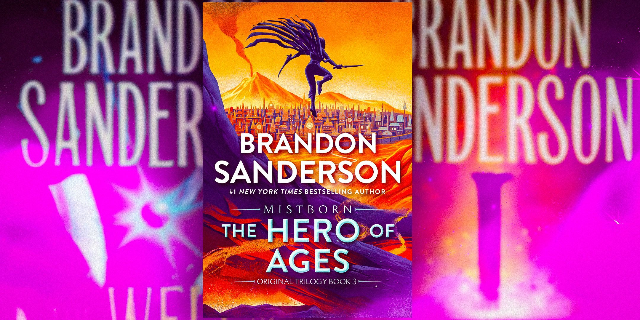 The cover of The Hero of Ages with Vin flying through the air in front of other book covers by Brandon Sanderson