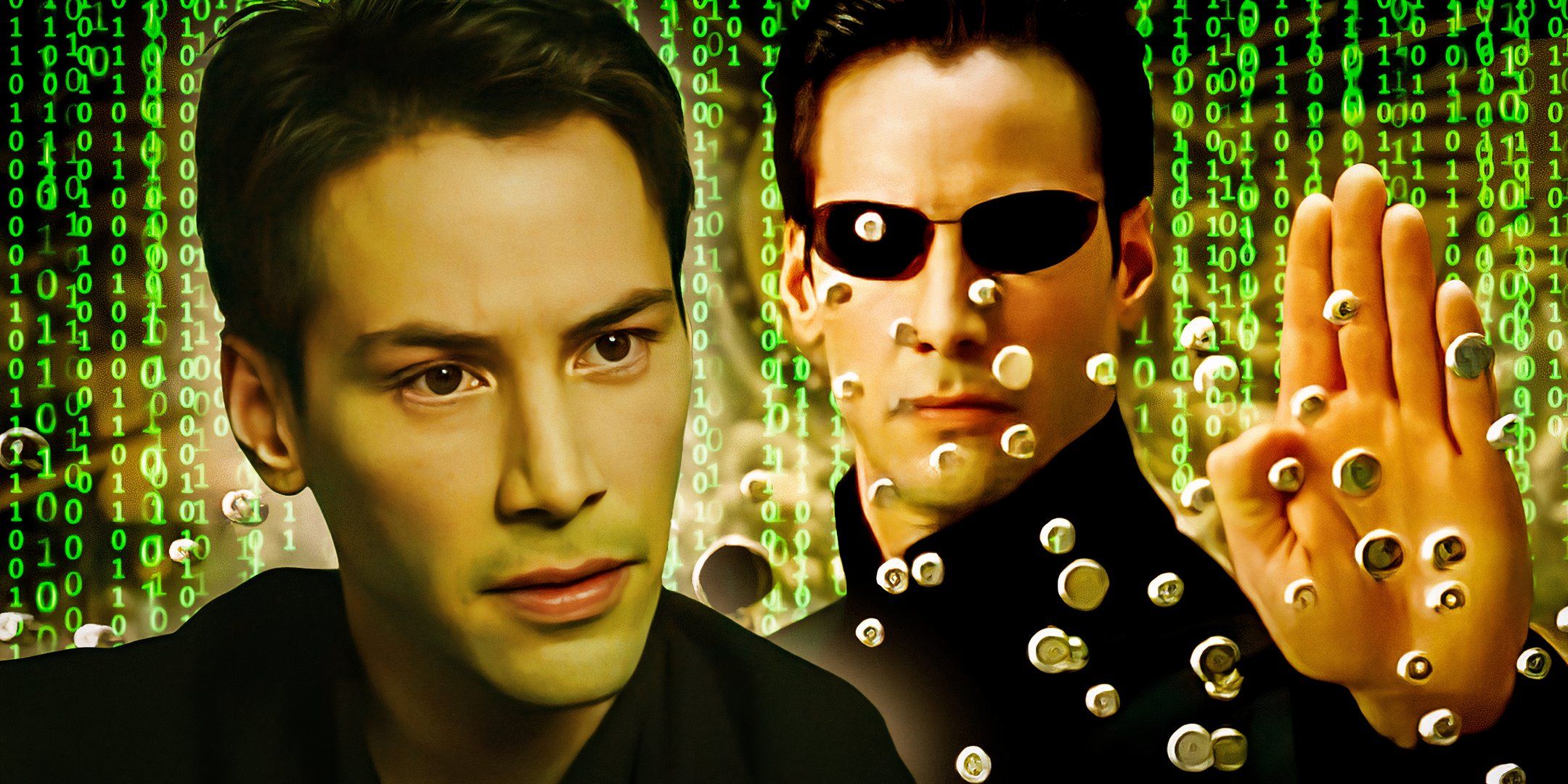 Keanu Reeves as Neo in the Matrix stopping bullets and looking confused