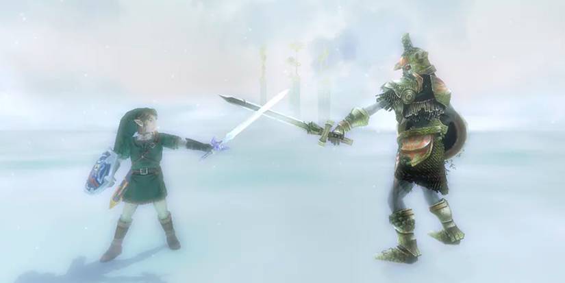 Link from Twilight Princess crossing blades with the mysterious warrior who teaches him new techniques.