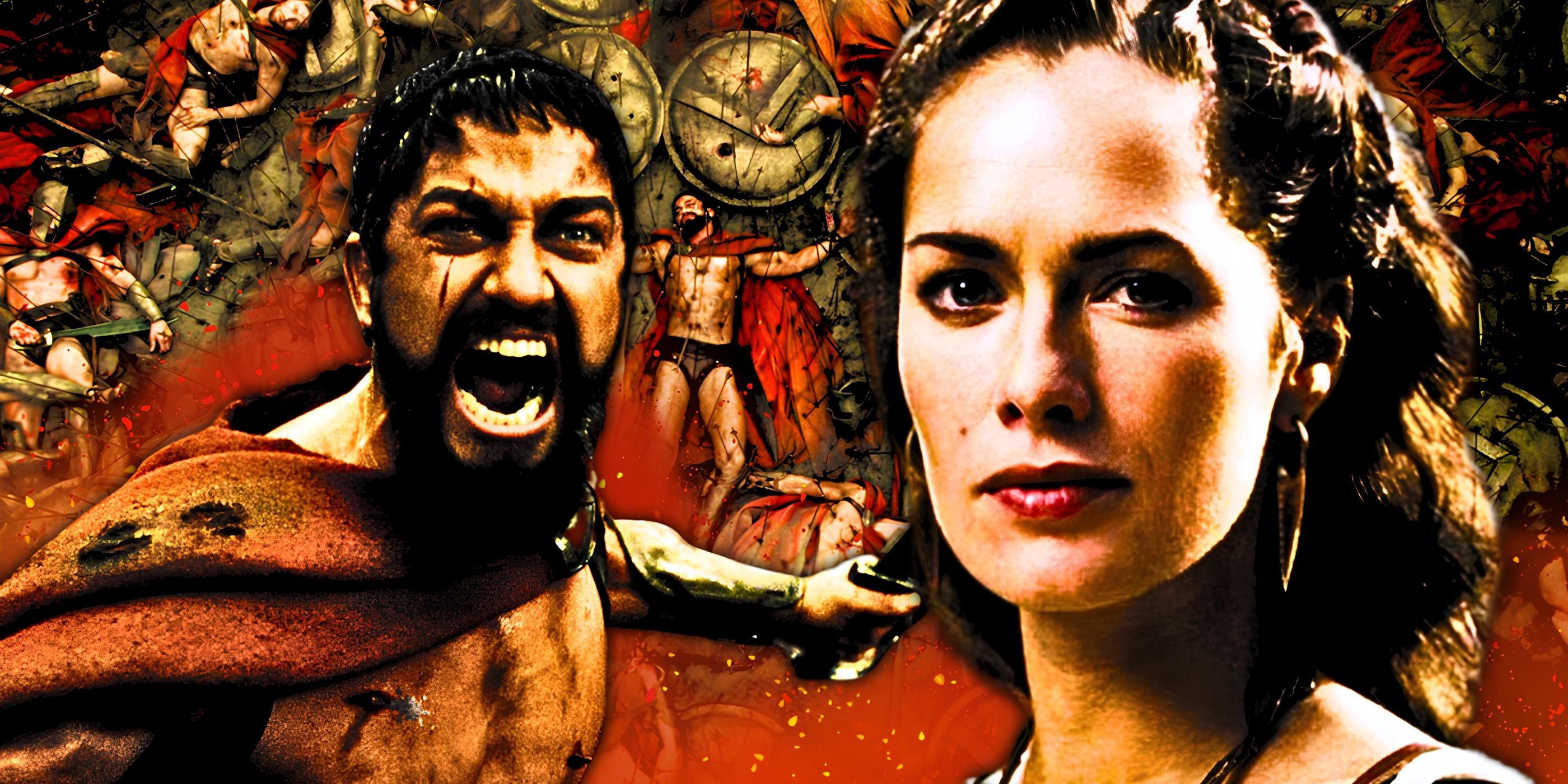 King Leonidas (Gerard Butler) wielding a sword and screaming and Queen Gorgo (Lena Headey) looking stoic in a 300 custom image