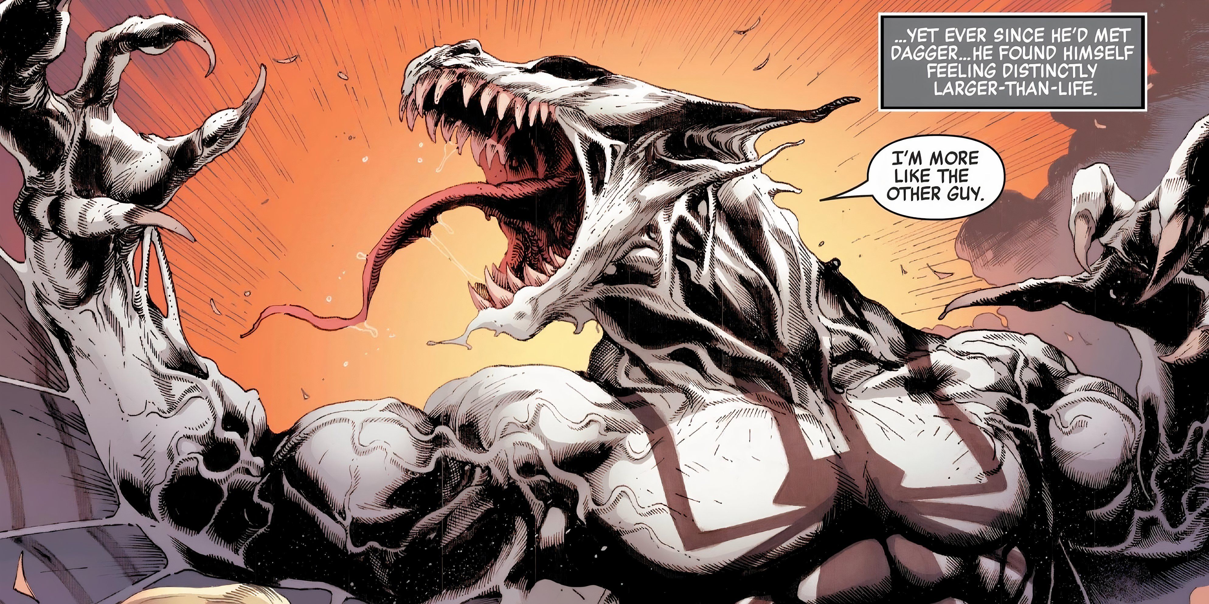 Flash Thompson é revivido como o Anti-Venom, rugindo e ganhando vida como um dragão.