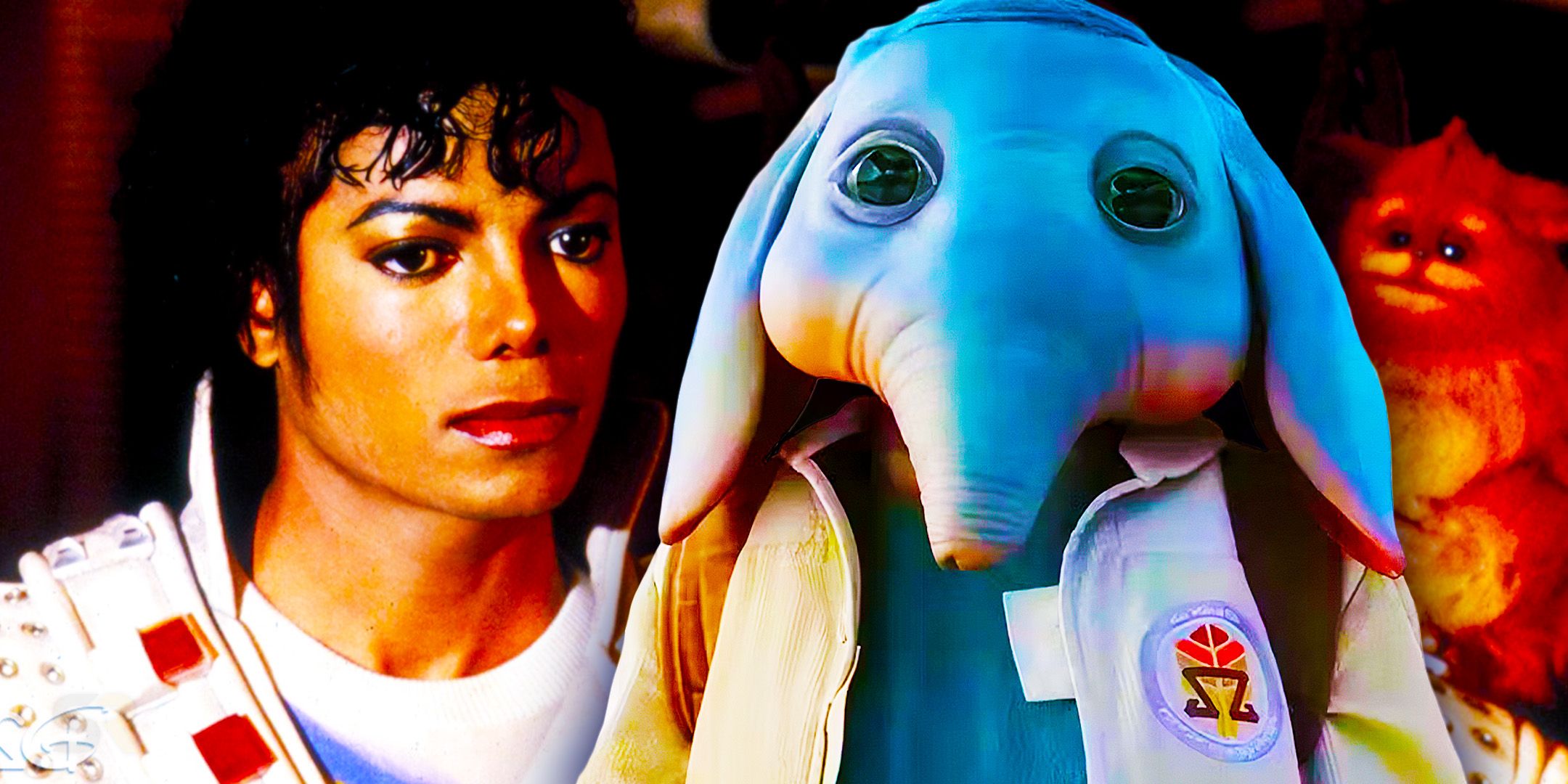 Michael Jackson to the left and Neel and a fuzzy creature from Skeleton Crew to the right in a combined image