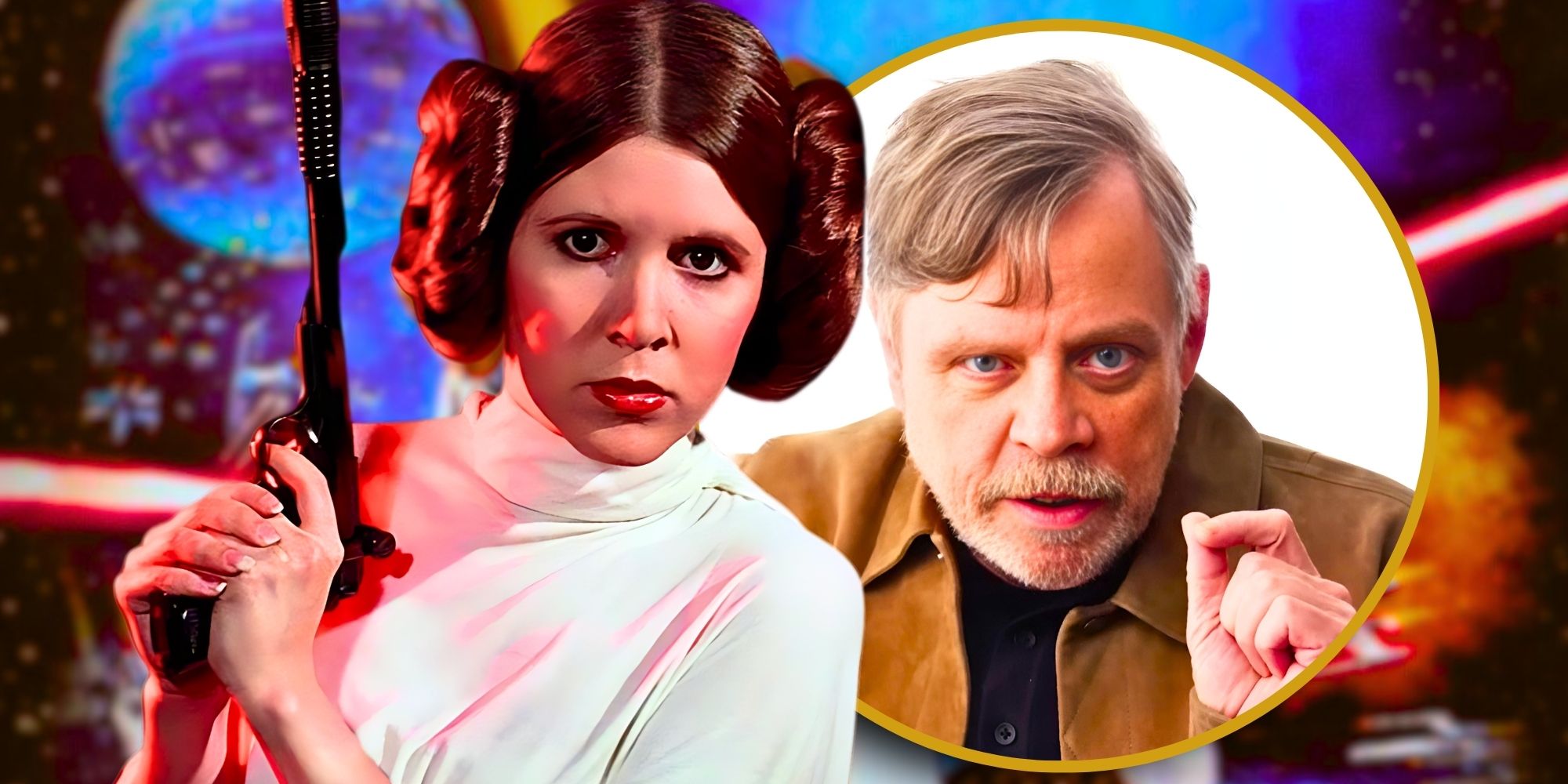 Princess Leia in A New Hope holding her blaster to the left and Mark Hamill in a circle with a golden outline to the right in front of images of space