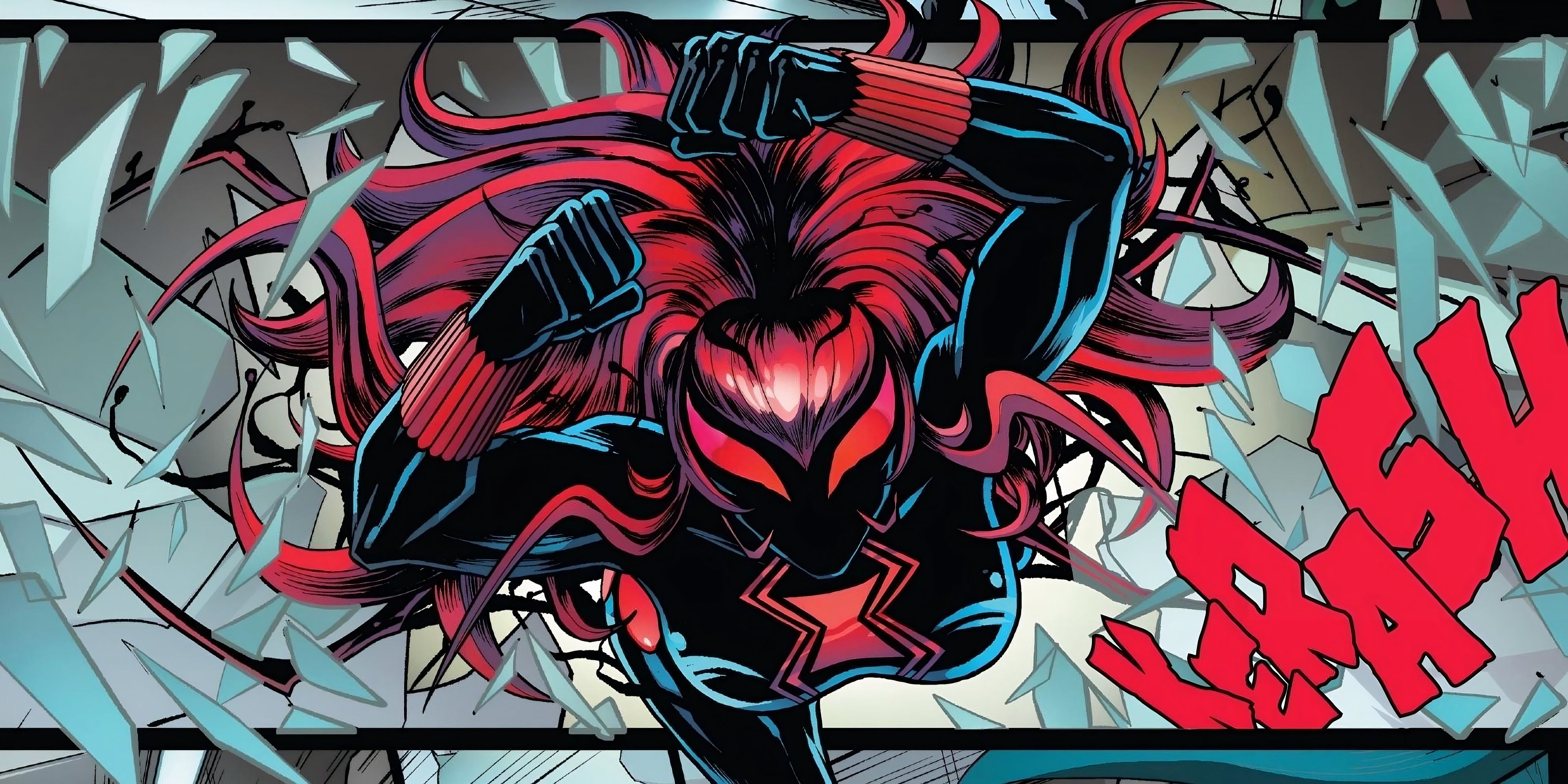 The Sliver symbiote is perfectly bonded with Black Widow as the duo crash through a window.