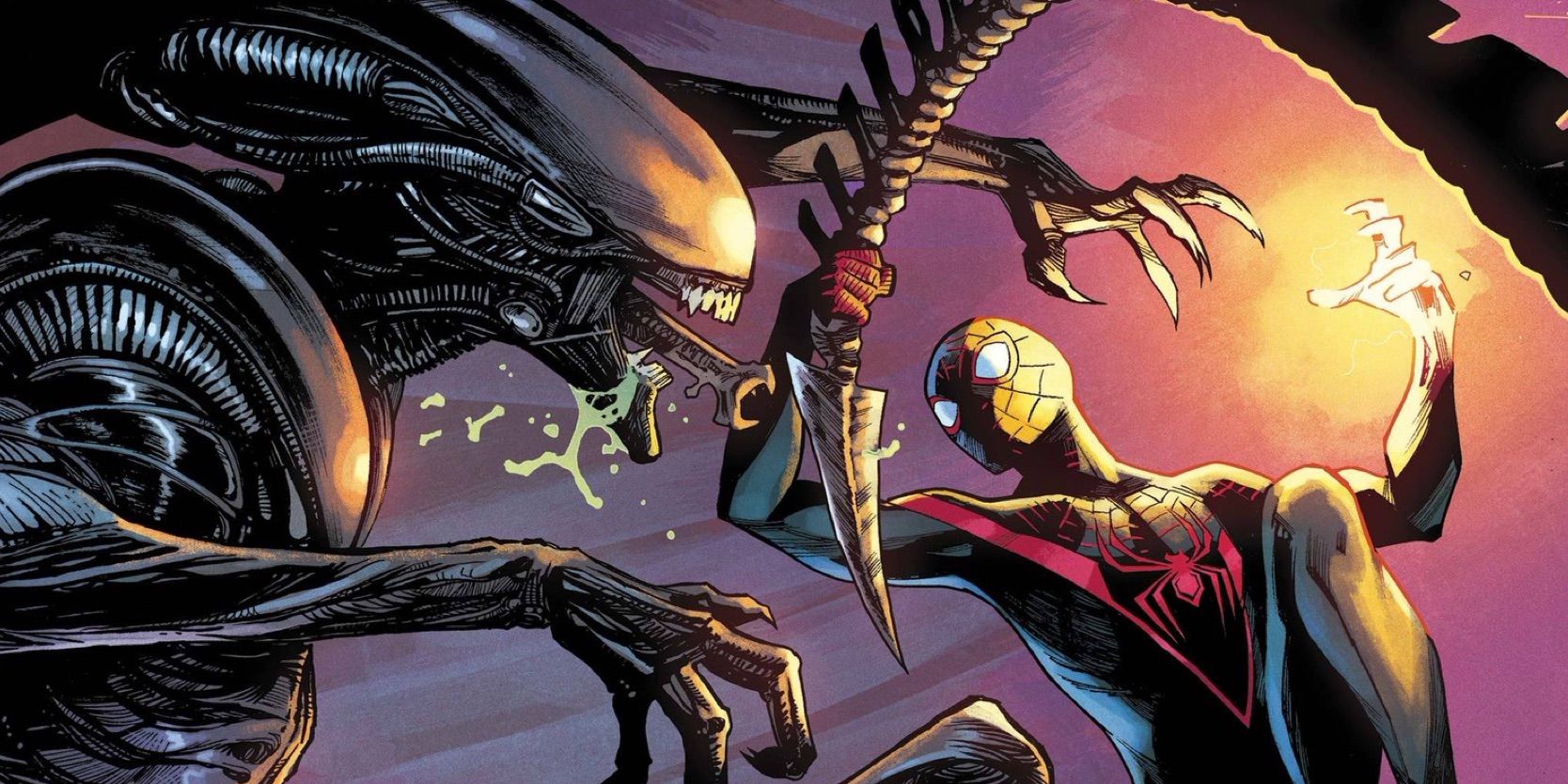 Miles Morales luta contra um Xenomorfo na capa variante de Miles Morales Spider-Man # 22 de Valerio Schiti, Marvel vs Alien