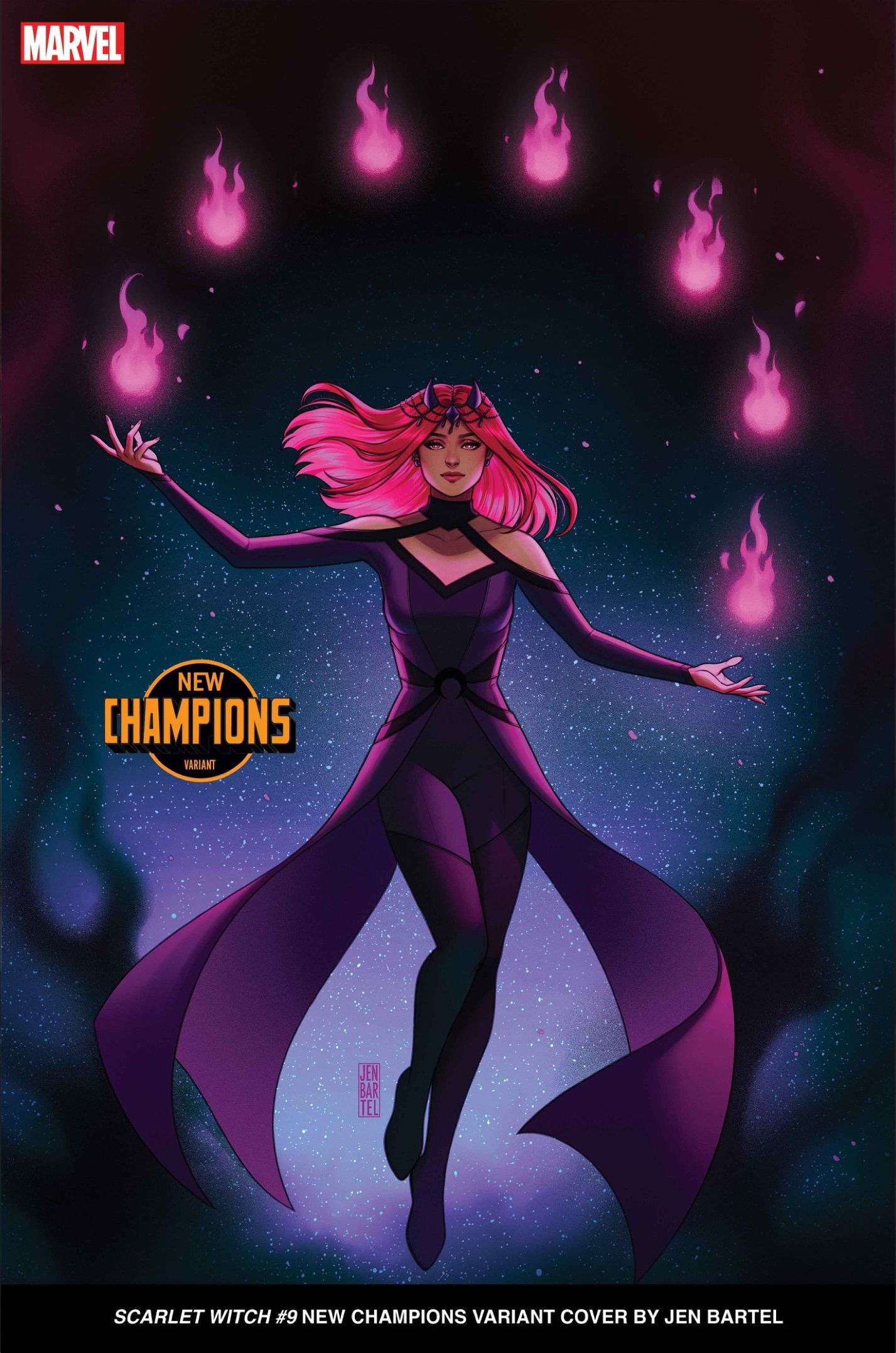 Capa variante de Jen Bartel New Champions para Scarlet Witch #9 com Amaranto e magia de fogo rosa