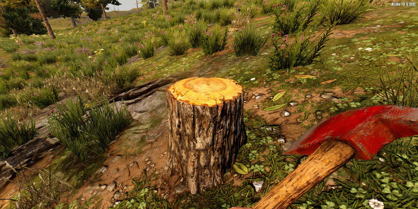 A player in 7 Days to Die stands in front of a tree stump and holds an axe