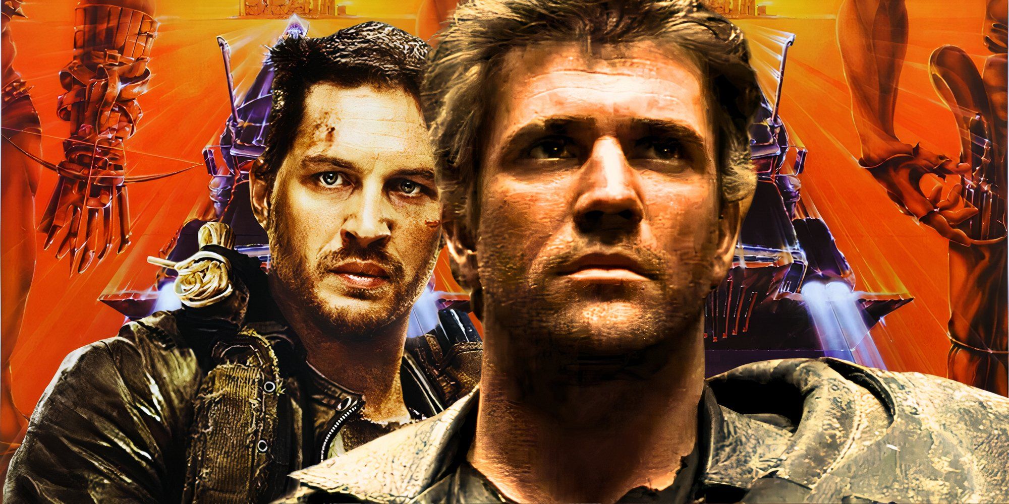 Tom Hardy and Mel Gibson as Max Rockatansky in the Mad Max franchise in front of a poster