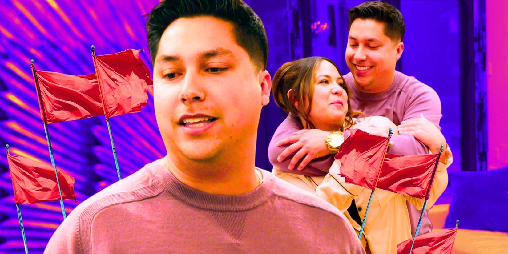 90 Day Fiancé's Liz Woods' boyfriend Jayson looks serious in front of Liz and Jayson embracing with red flags.