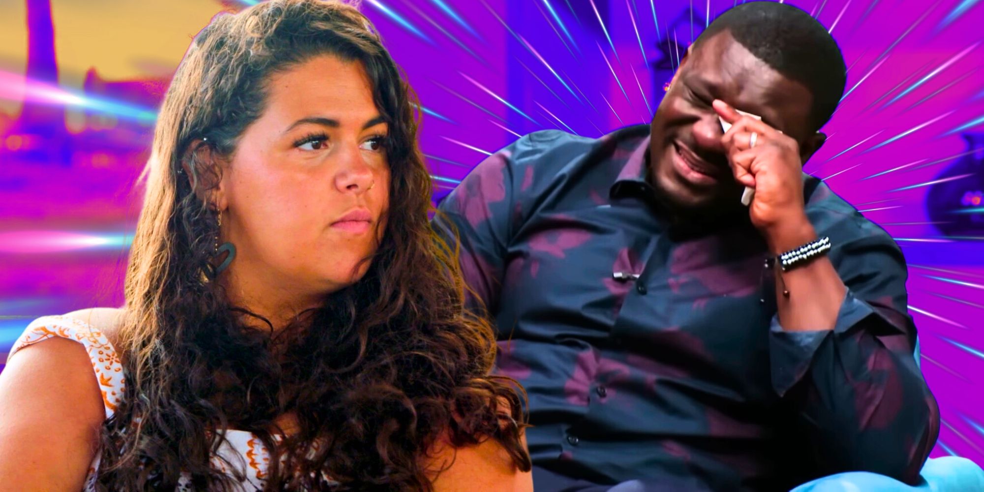 90 Day Fiancé’s Kobe Blaise cries and Emily Bieberly looks serious.