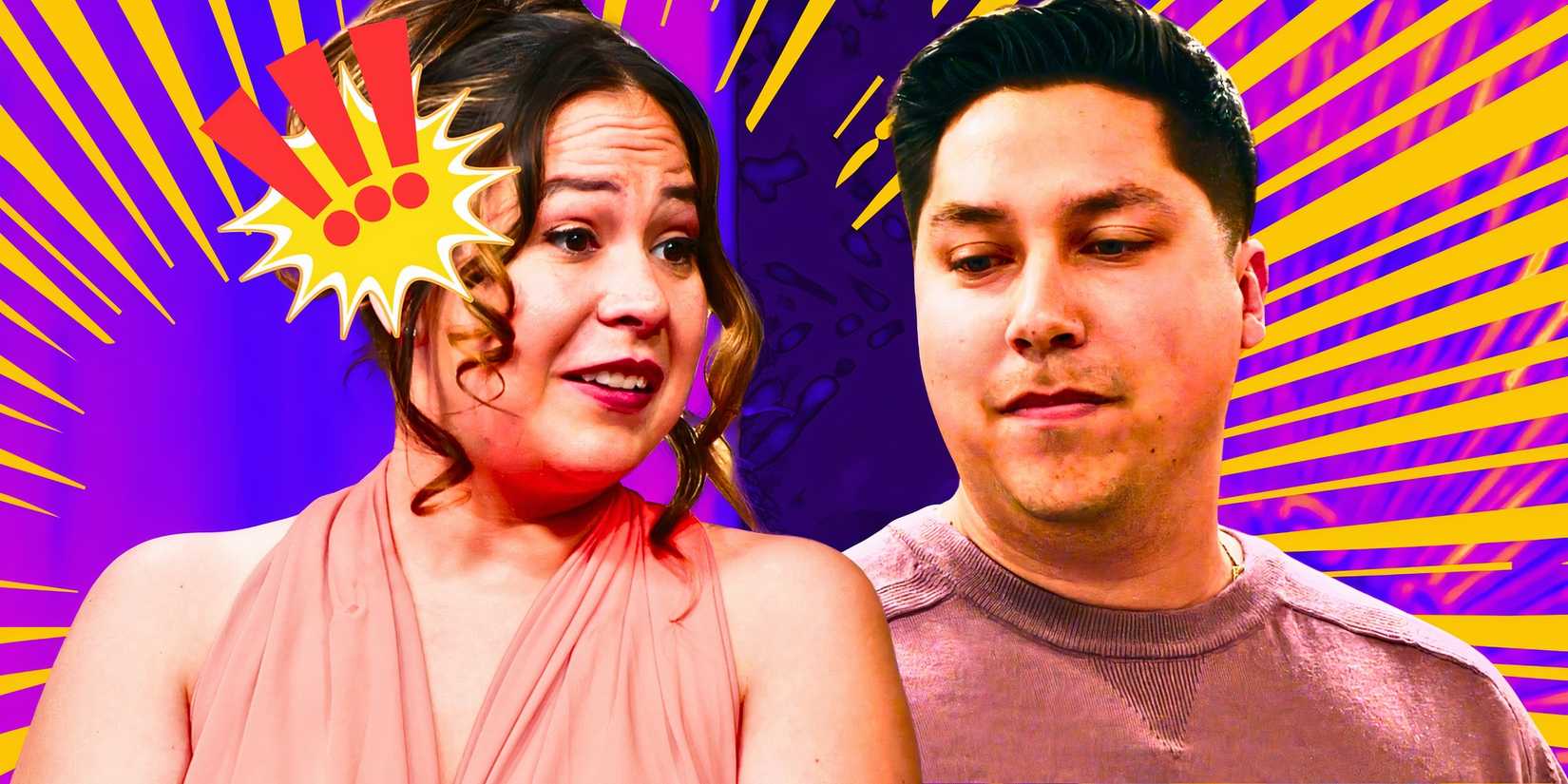 90 Day Fiancé's Liz Woods with exclamation marks on her head and Jayson Zuniga looking sad