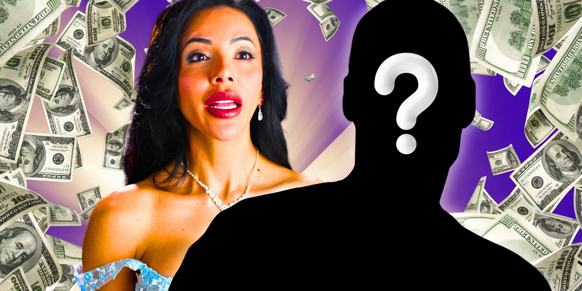 90 Day Fiancé Jasmine Pineda with a mystery man silhouette surrounded by money