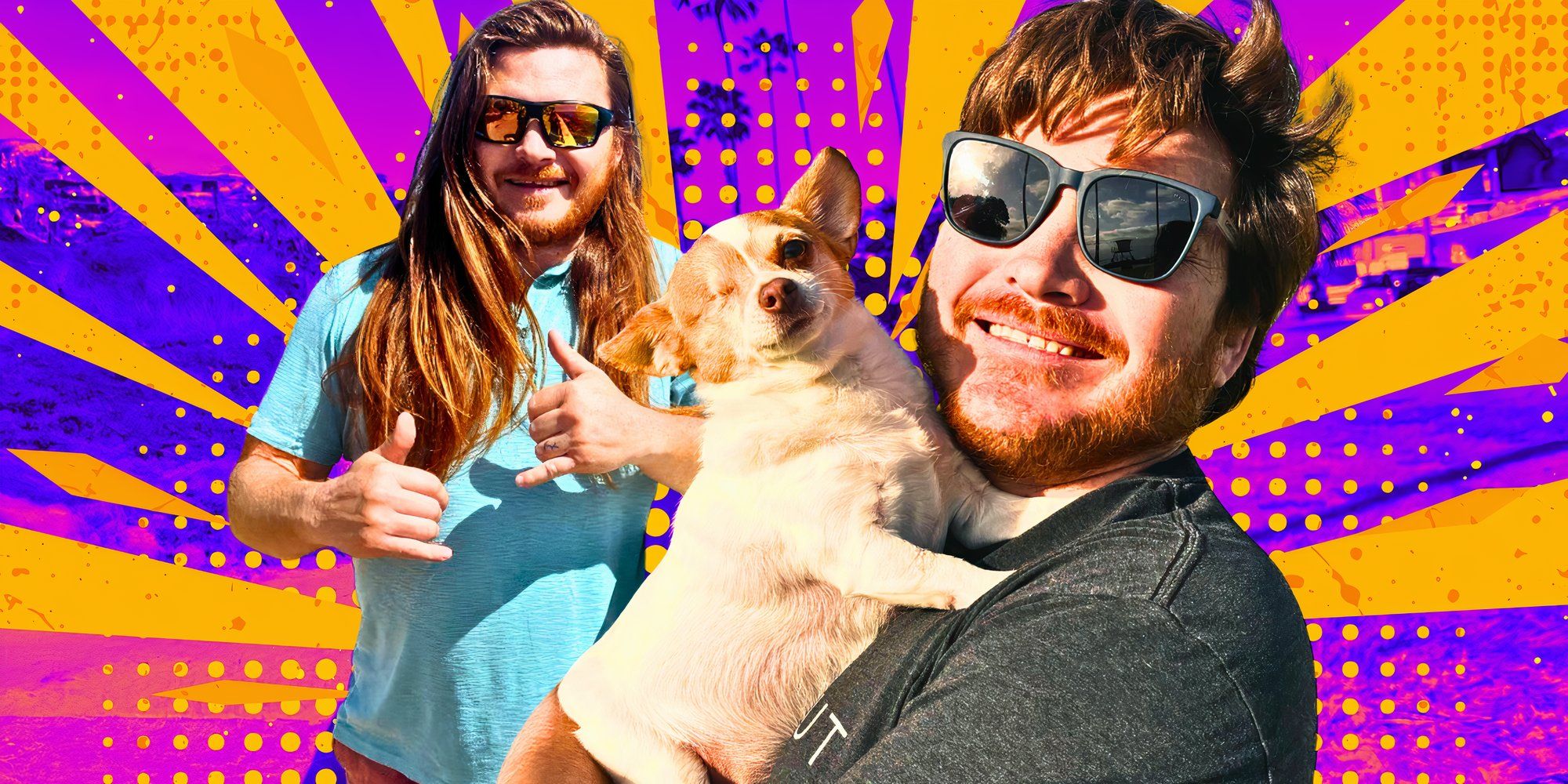 a montage of Syngin wearing sunglasses holding his dog