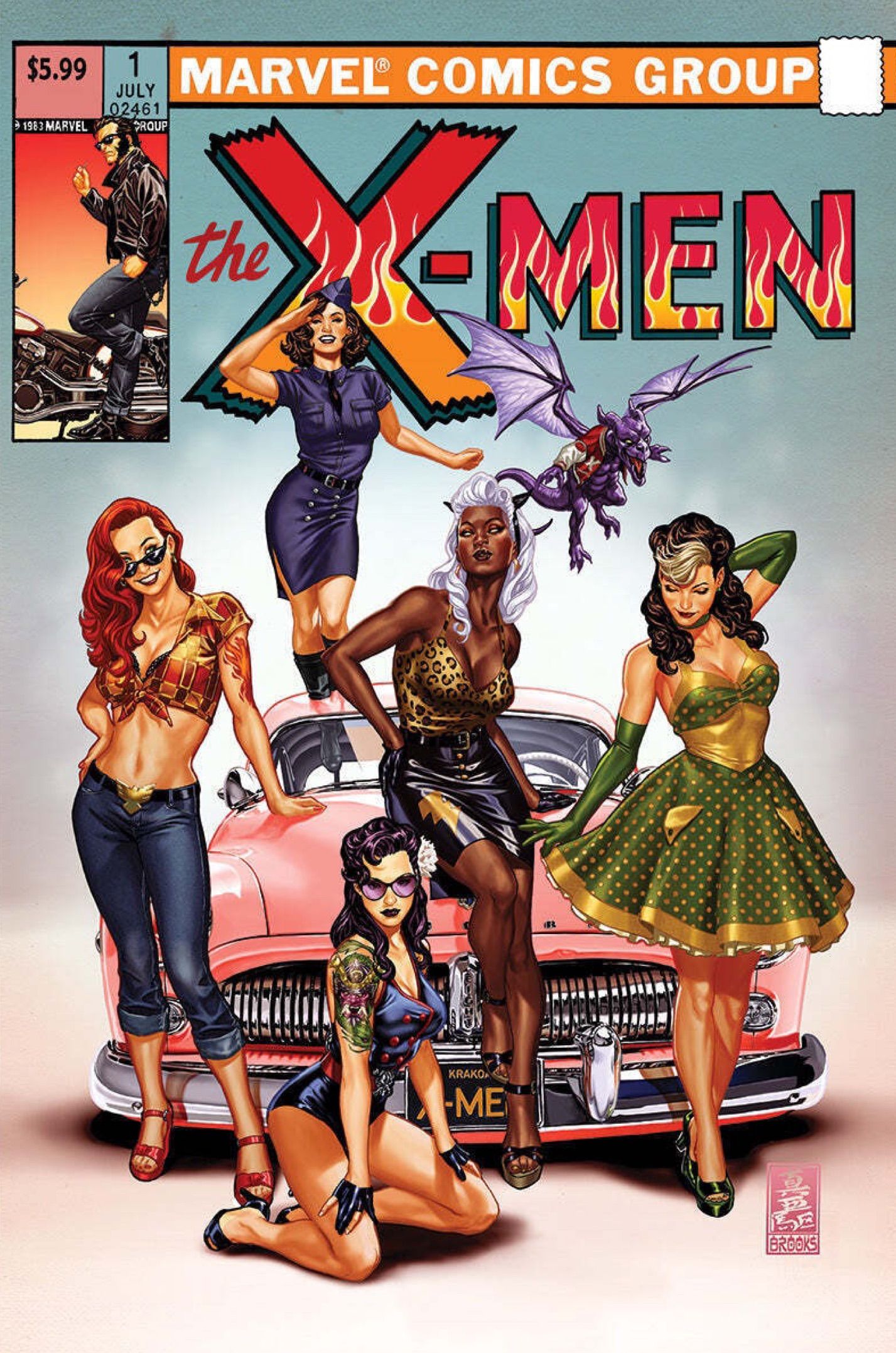 X-Men #1 SDCC Mark Brooks Variant com reprojetos de Storm, Rogue, Jean Grey, Psylocke, Kitty Pryde e Lockheed 50s