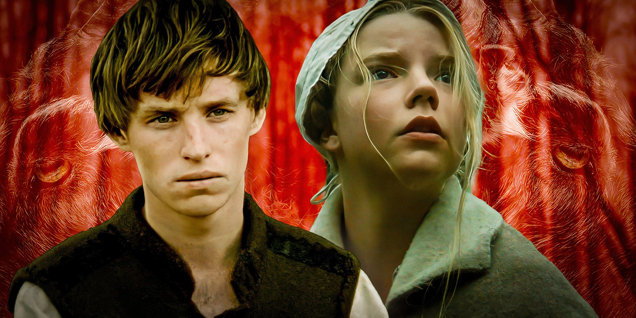 Images of Eddie Redmayne in Black Death and Anya Taylor-Joy in The Witch are placed in front of a red background. 