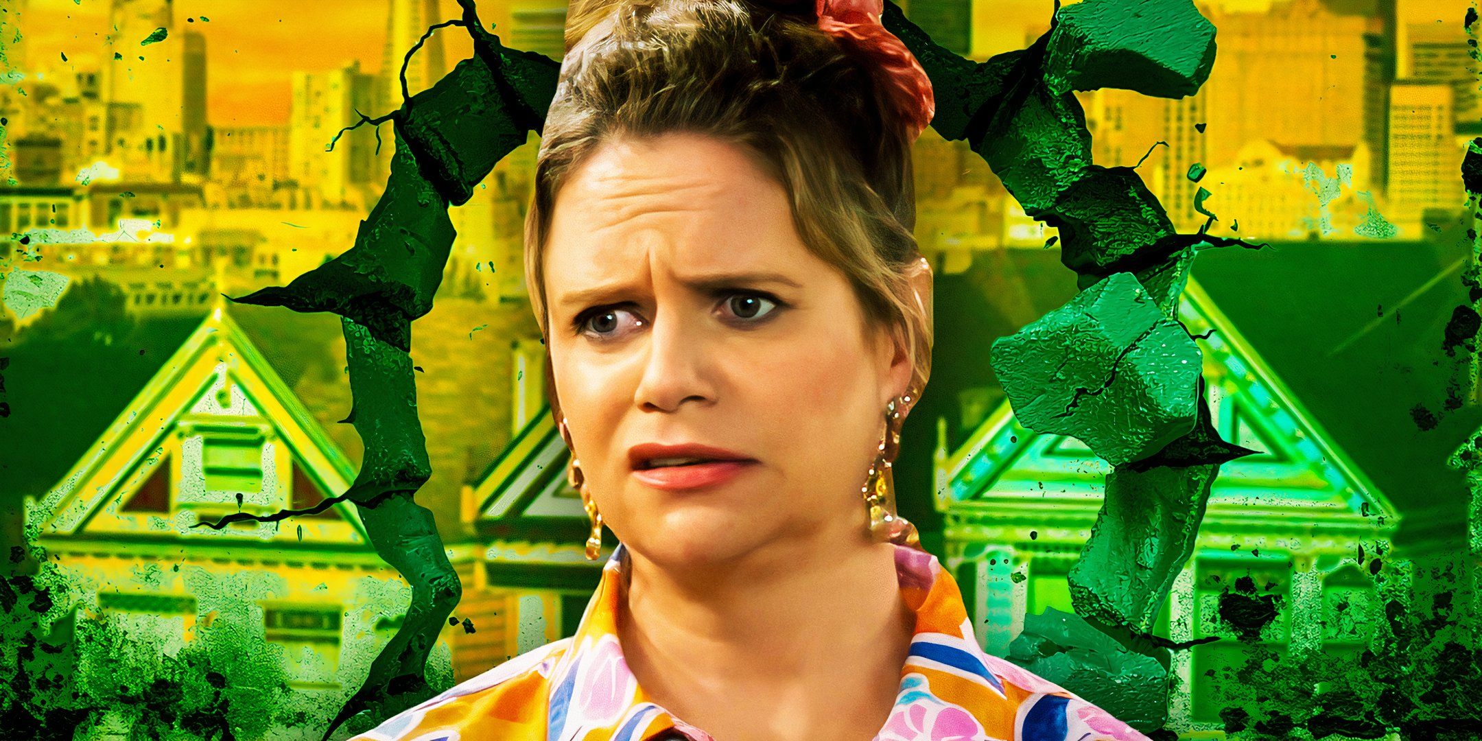 Kimmy Gibbler de Fuller House se confunde con casas sobre fondo verde