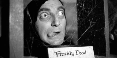 Igor sticking his tongue out in front of a spiderweb and Freshly Dead sign in Young Frankenstein