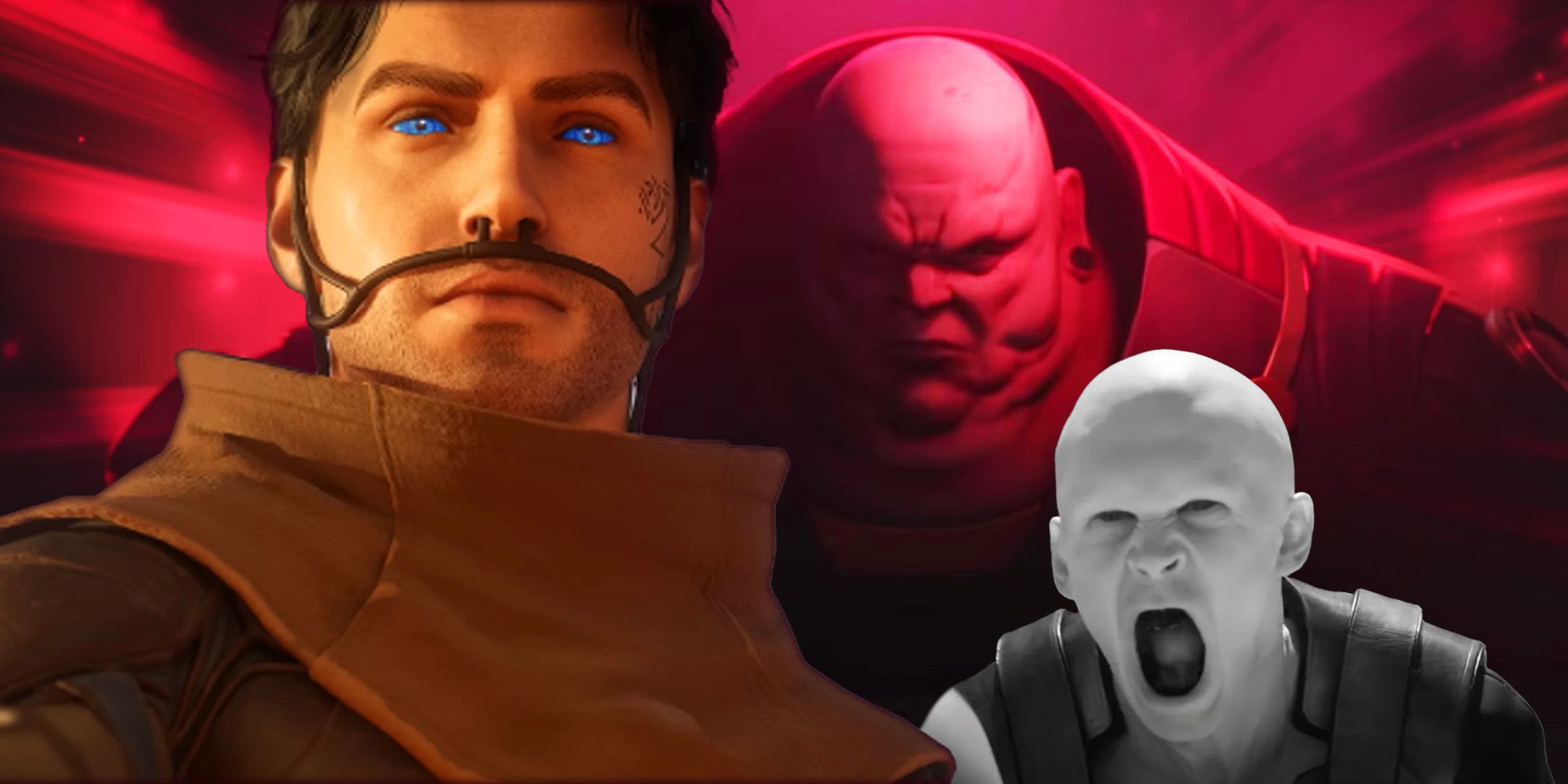 A character from Dune Awakening with Harkonnens from Dune